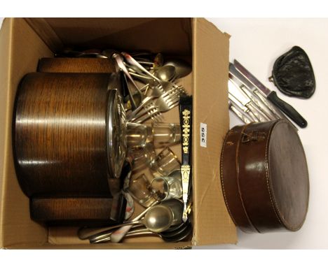 A box containing an oak mantle clock, leather collar box, etc.