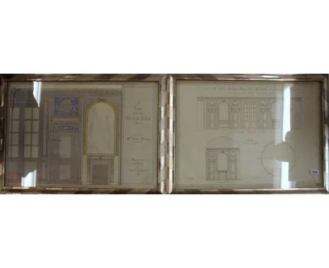 A pair of framed original architectural drawings dated 1925 for the refurbishment of the Hotel De Bretuil, Paris, 79 x 57cm.