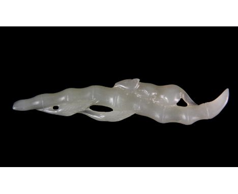 A fine 19th / early 20th century pale celadon jade amulet of a stem of bamboo with a mouse, L. 9.5cm, c. 1920's.