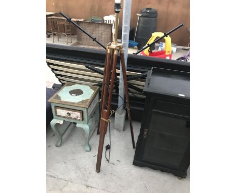 A MAHOGANY TRIPOD WITH BRASS FITTINGS CONVERTED TO A STANDARD LAMP 