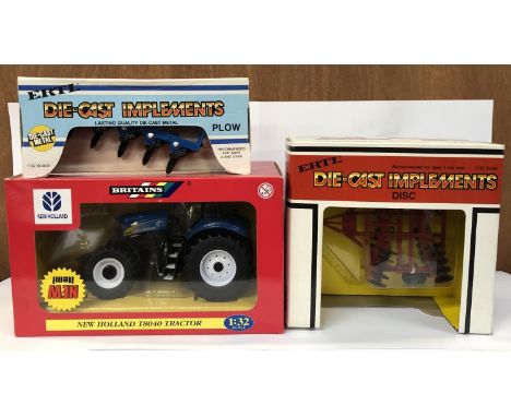 A BOXED 'NEW HOLLAND' T8040 TRACTOR WITH SIX FURROW PLOW AND DISC HARROW IMPLEMENTS 
