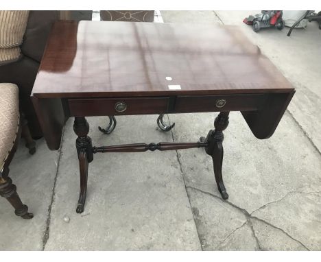 A MAHOGANY DROP END SOFA TABLE WITH TWO DRAWERS 