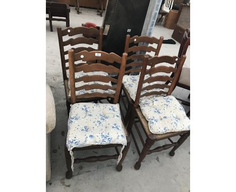 FOUR LADDER BACK OAK DINING CHAIRS 