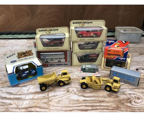 A GROUP OF TWELVE ASSORTED DIE CAST MODELS TO INCLUDE MATCHBOX MODELS OF YESTERYEAR, 'ERTL' TRACTOR, CORGI TRUCK ETC 