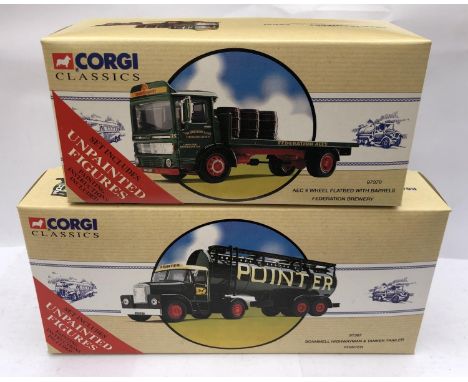 TWO BOXED CORGI DIE CAST MODELS - AEC 4 WHEEL FLATBED 97370 AND A SCAMMELL HIGHWAYMAN &amp; TANKER TRAILER 97367 
