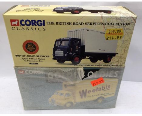 TWO BOXED CORGI DIE CAST MODELS - LEYLAND 4 WHEEL FLATBED AND CONTAINER SET 25101 AND A WEETABIX TRUCK MODEL 