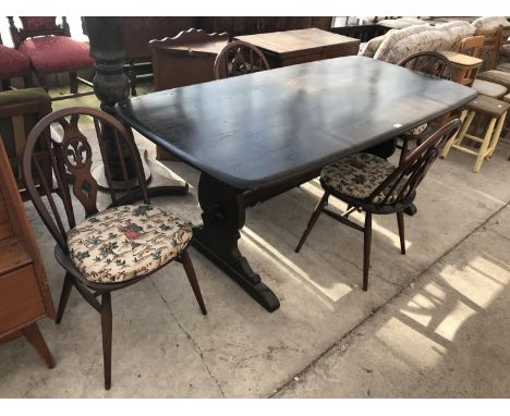 AN ERCOL ELM REFECTORY TABLE AND FOUR ERCOL ELM DINING CHAIRS 