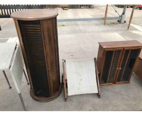 TWO MAHOGANY EFFECT CD RACKS AND A MAHOGANY BACK REST 