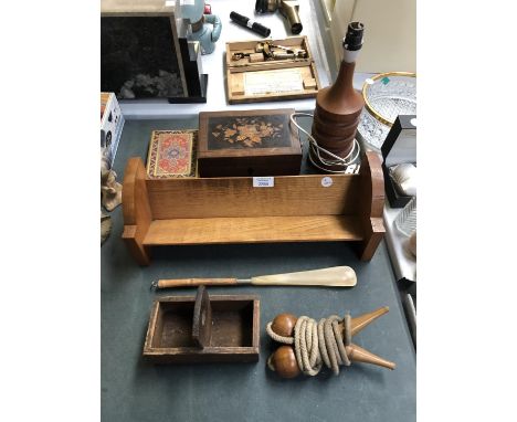 A INLAID MAHOGANY JEWELLERY BOX, LIGHT OAK WOODEN BOOK RACK, LAMP ETC (QTY) 