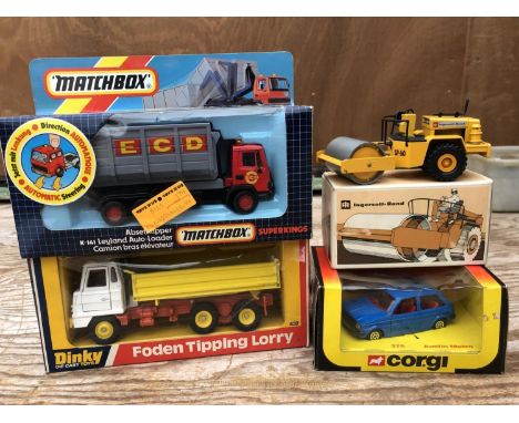 FOUR BOXED ITEMS TO INCLUDE 'DINKY' FODEN TIPPING LORRY, CORGI MODEL, INGERSOLL RAND MODEL AND A 'MATCHBOX' ECD TRUCK 