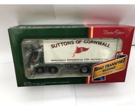 A BOXED CORGI CLASSICS ROAD TRANSPORT HERITAGE SUTTONS OF CORNWALL AEC MKV 8 WHEEL PLATFORM LORRY AND CONTAINER - NUMBER CC11