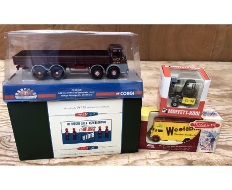 FOUR BOXED ITEMS TO INCLUDE A ERF EIGHT WHEEL DROPSIDE LORRY, CC10506, FUELLING FIFTIES CORGI MODEL, WHEETABIX TRUCK AND 'MOF