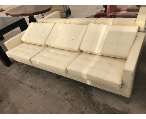 A MODERN CREAM LEATHER THREE SEATER SOFA ON SQUARE CHROME SUPPORTS 227 CM X 79 CM X 58 CM HIGH 