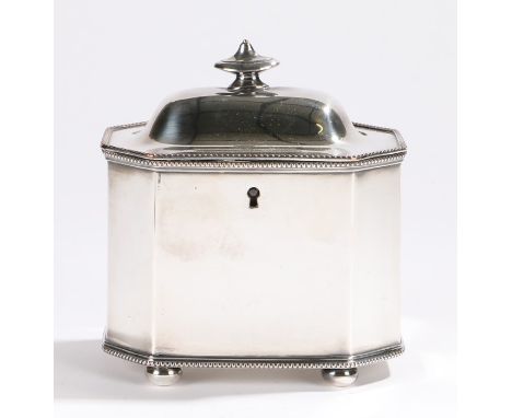 19th Century plate on copper tea caddy, the domed hinged lid with oval finial and beaded rim, on a beaded foot and raised on 