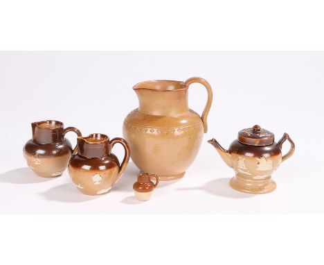 Collection of miniature Doulton pottery pieces, to include a teapot, two jugs and a smaller jug, also together with another j