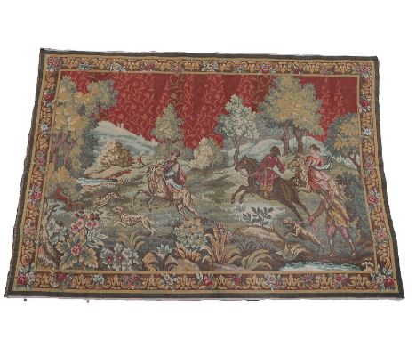 Tapestry wall hanging, with figures on horseback hunting in a landscape, 220cm x 161cm