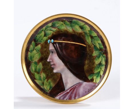 Arts and Crafts style enamel dish, the central field with depiction of a lady in profile surrounde by leaves, signed C. Larai