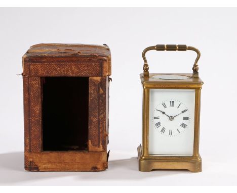 French gilt brass carriage clock, with a five bevelled glass case and white enamel dial with Roman hours, lever platform esca