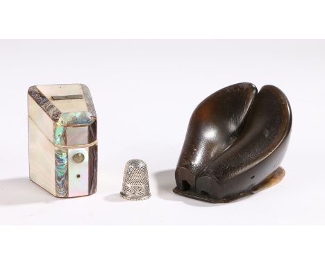 Victorian mother of pearl needle and thimble box, with an enclosed silver thimble, together with a 19th Century horn hoof snu