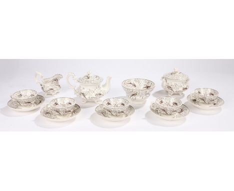 Victorian child's nursery tea service, decorated in brown transfer decoration, to include the teapot, cups and saucers, sugar