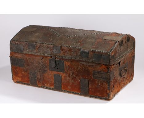19th Century leather bound and stud trunk, with a diamond pattern to the top and the letters LH, 68cm wide