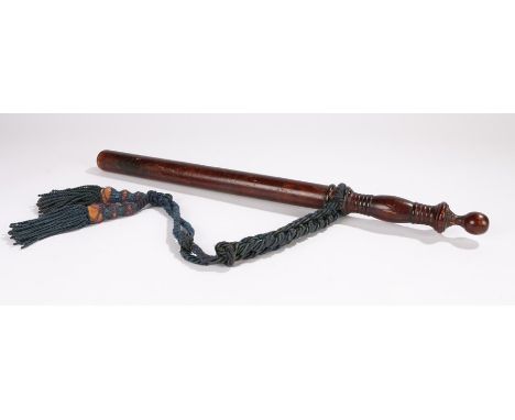19th Century truncheon, with a turned handle and the stamped number 13289, with an attached sash