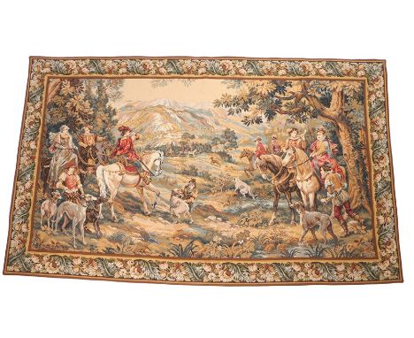 20th Century French tapestry, titled "Chasse a Courre de Detti", depicting a stag hunt, 200cm x 115cm