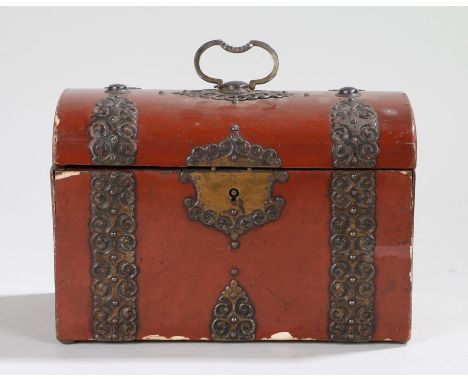 19th Century lacquer tea caddy, the dome top with iron fittings enclosing two lidded compartments, 21cm wide 