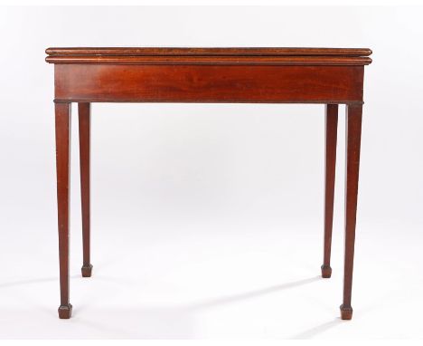 19th Century mahogany and boxwood strung card table, the rectangular top with boxwood strings and fan inlaid corners enclosin