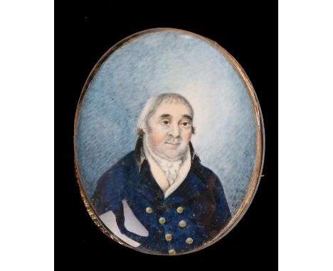 Oval portrait miniature of a grey haired gentleman wearing a white stock and blue jacket with hair and pearls decoration to t