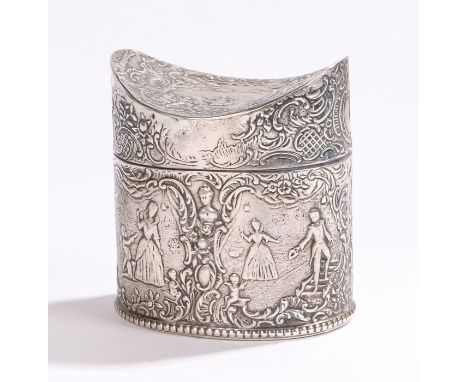 Silver tea caddy, the concave lid with embossed depiction of a figure on a swing, the cylindrical body with embossed scroll d