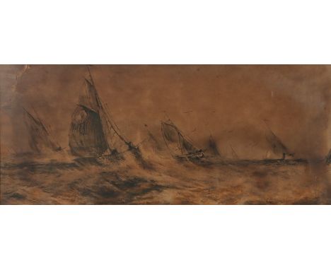 20th Century seascape, sailing vessels in choppy seas, charcoal and pencil on paper, unsigned, housed in a dark stained frame