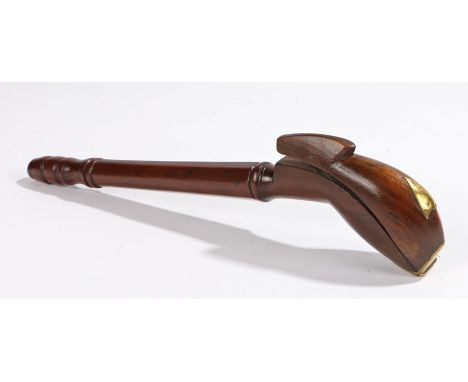 19th Century fruitwood treen pipe case, in the form of a pipe with a brass hinge and copper tacks, 22cm long