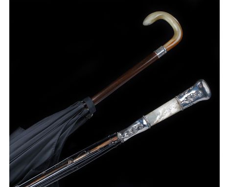 Victorian Brigg of London umbrella, with a dated 1899 cap above the mother of pearl handle and white metal collar to the stic