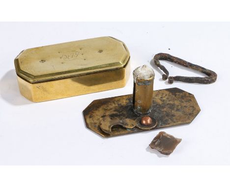 George III brass pocket tinder box, the rectangular box with canted corners enclosing a candlestick and tinder lighter, 9cm w