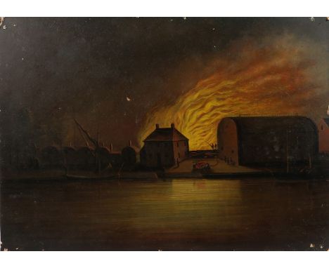 R Ellison 19th Century Naïve school, Fire at the Landing Stage, oil on board, 36cm x 26cm