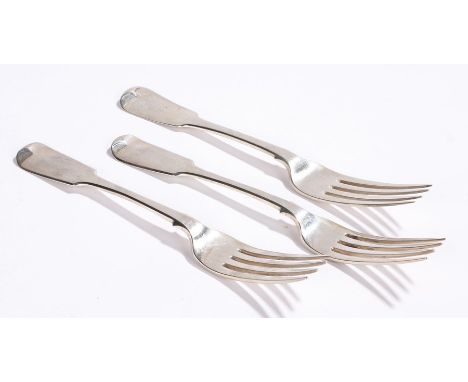 George IV silver meat fork, Dublin 1823, maker James Scott, pair of Victorian silver meat forks, York 1848, maker James Barbe