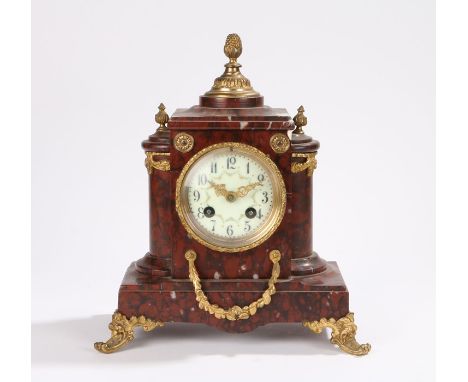 Late 19th Century marble and gilt metal mantel clock, with a gilt pineapple finial above the rectangular case flanked by half