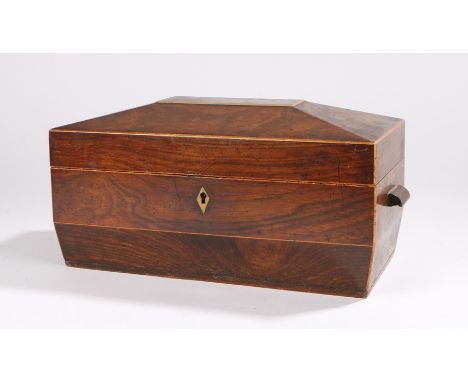 Regency rosewood and boxwood strung tea caddy, of sarcophagus form, 34cm wide