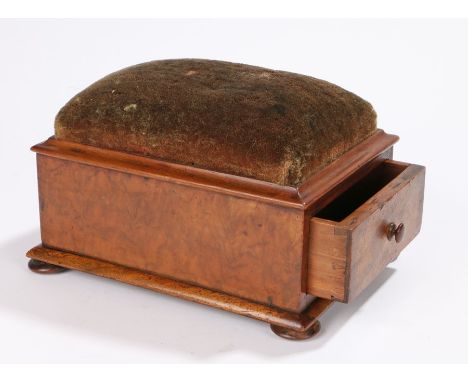 Victorian walnut work box/pin cushion, with frieze drawer, on squat bun feet, 18cm wide