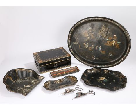 Oval toleware tray, shaped oval tray, two snuffer trays, sewing box with interior tray, mother of pearl inlaid dish, two plat