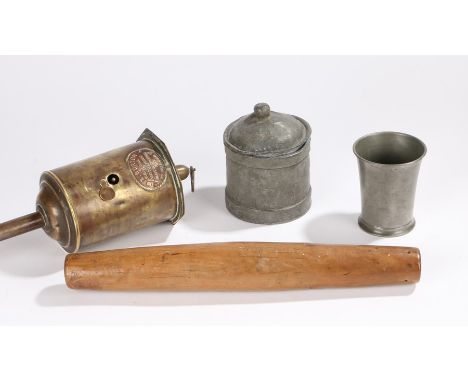 Late 19th century yew rolling pin, brass roasting jack, lead tobacco jar and cover with interior tamper, pewter beaker with g