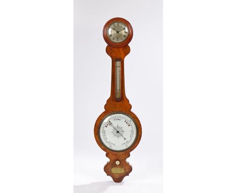 Victorian walnut barometer, the later silvered dial clock top above a thermometer and weather gauge, 112cm high