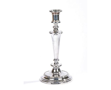 Plated candlestick, with beaded detachable sconce and tapering stem, on a loaded stamp base, retailers mark for G.R. Oollis &