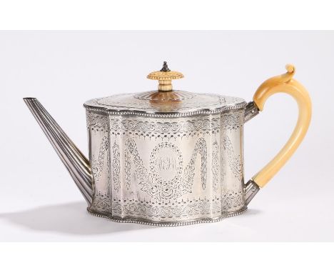 Victorian silver teapot, London 1865, maker Robert Harper, with ivory handle and finial, the body with foliate swag and scrol