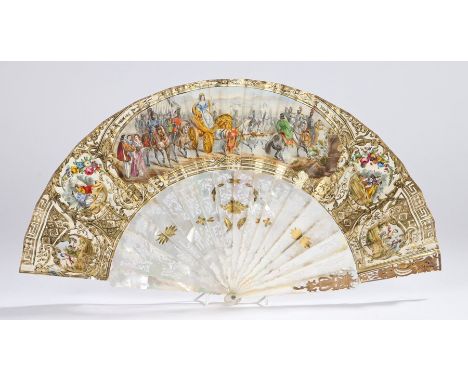 Mid 19th Century French or Spanish fan, the finely decorated fan made of  carved and pierced mother-of pearl sticks and a dou