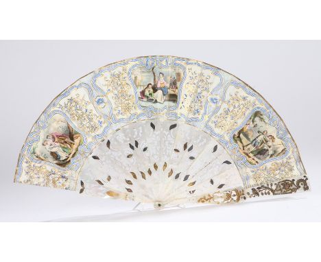 Mid 19th Century Spanish fan, the finely decorated fan made of  carved and pierced mother-of pearl sticks and a double paper 