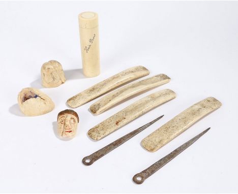 Collection of 19th and early 20th Century ivory and bone items, to include hair pin pot and cover, two carved netsuke, pen st