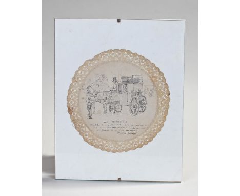 Attributed to Harriet Churchyard a framed drawing on a lace doily of a coach entitled "The Irrepressible" and the verse Stree