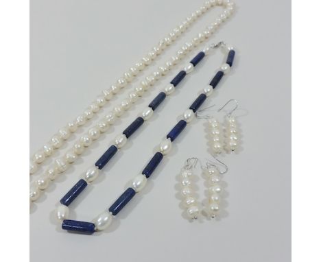 A cultured pearl single strand necklace, together with a lapiz and pearl necklace and two pairs of earrings